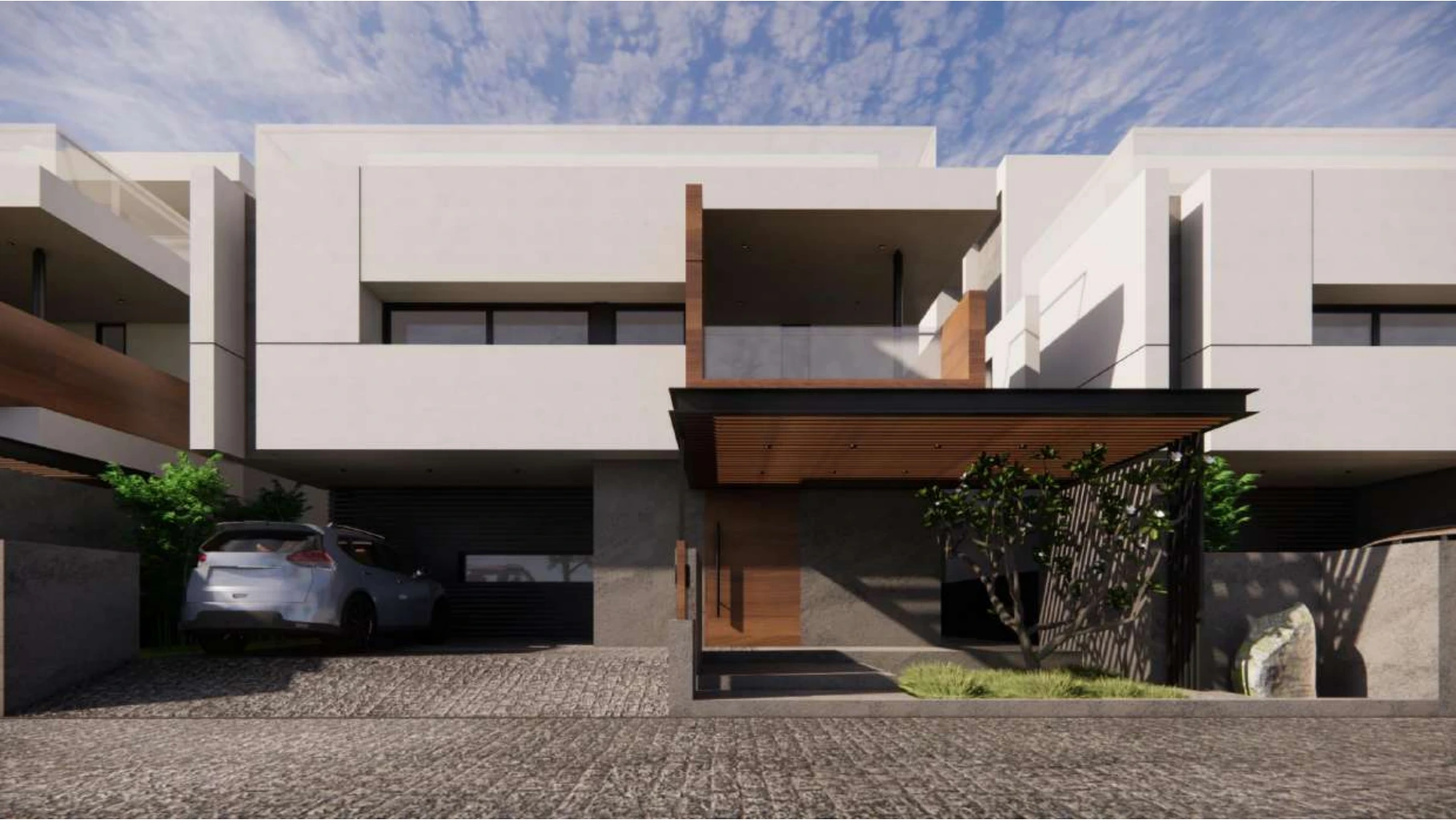 Conceptual villa exterior with clean contemporary lines, a shaded entrance and generous glazing